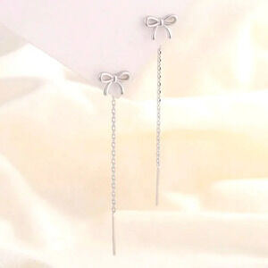 Sterling Silver 925 Earrings Bow Chain Link Tassel Drop Dangle Stud Bow Earrings